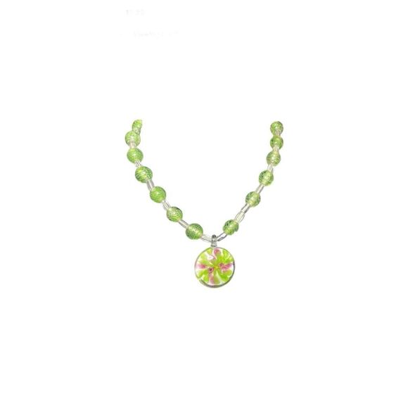 Mint Green Beaded Floral Pendant Necklace – Handmade Statement Piece - Picture 4 of 5